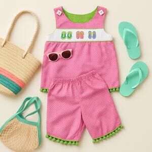 Beaux et Belles Girls 2-Piece Set | Pink Smocked Flip Flops Top & Shorts Size 6